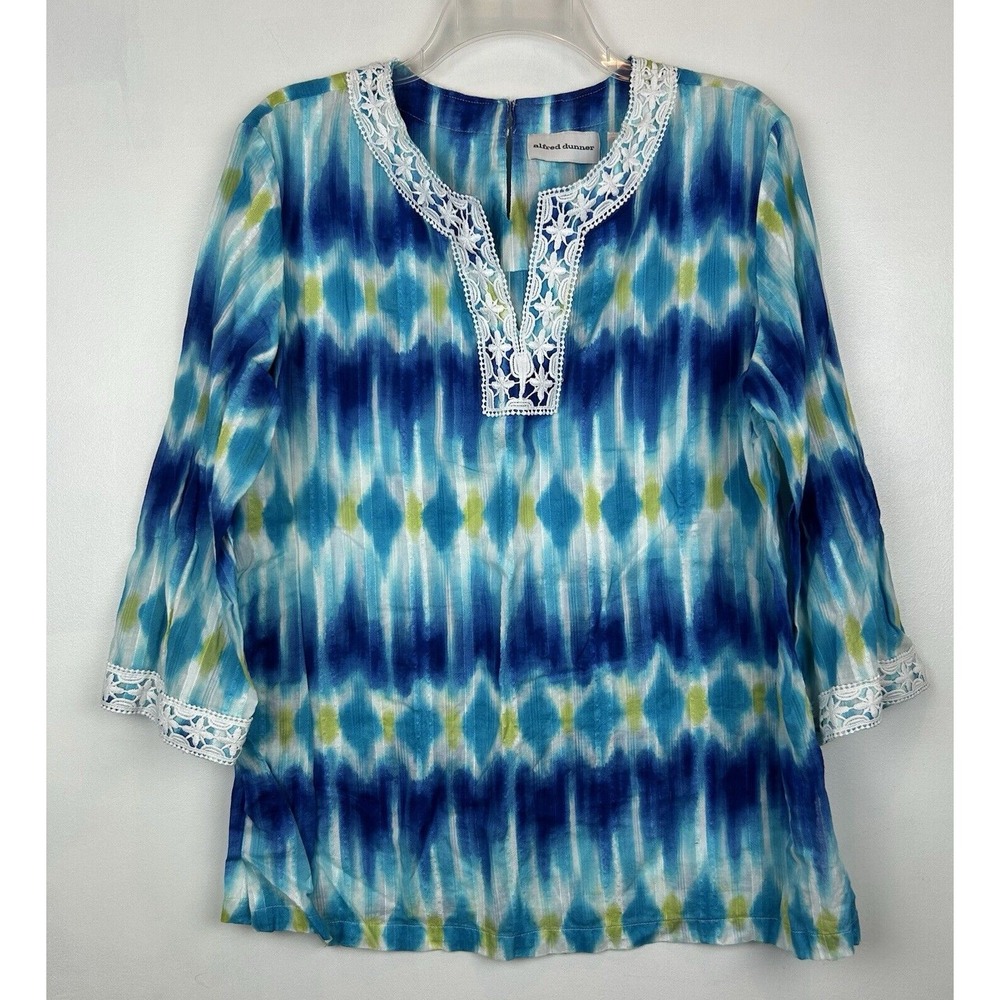 Top Women 16 Blue Tie Dye 3/4 Sleeve Lace Accent V Neck Shirt Hippie Boho Groovy